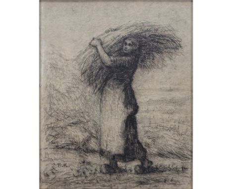 Jean François Millet, French (1814-1875) Lithograph "Woman Carrying Wheat". Initialed in print. Toning from age or in good co