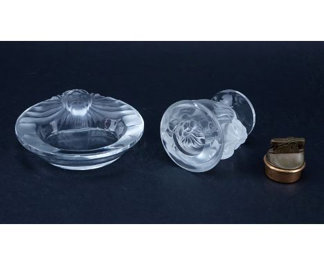 Two (2) Piece Lalique "Tete De Lion" Crystal Smoking Set. Includes lighter and ashtray. Signed. Wear to patina on lighter or 