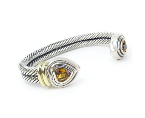 Vintage David Yurman Heart Shape Citrine, 14 Karat Yellow Gold and Sterling Silver Double Cable Cuff Bangle. Signed, 585, 925