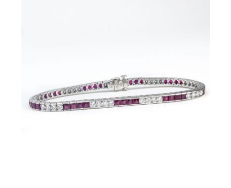 Approx. 3.82 Carat Calibre Cut Ruby, 1.76 Carat Round Brilliant Cut Diamond and Platinum Bracelet. Rubies with vivid saturati