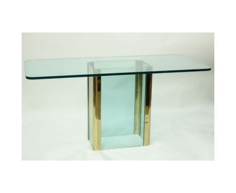 Attributed to Pace Collection. Glass and brass console/dining table. Unsigned. Light surface scratches, light wear or in good