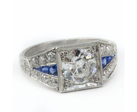 Art Deco Approx. .90 Carat Old European Cut Diamond, Sapphire and Diamond Ring. Diamond H color, SI1 clarity. Unsigned. Good 