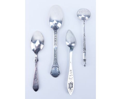 Four (4) Pieces Miscellaneous Silver Spoons including a 1898 Russian Ruble Coin Spoon. English, European and Russian marks. L