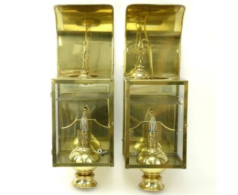 Pair of Modern Brass and Glass Wall Light Fixtures. Some minor signs of corrosion otherwise good condition. Measures 28” H x 