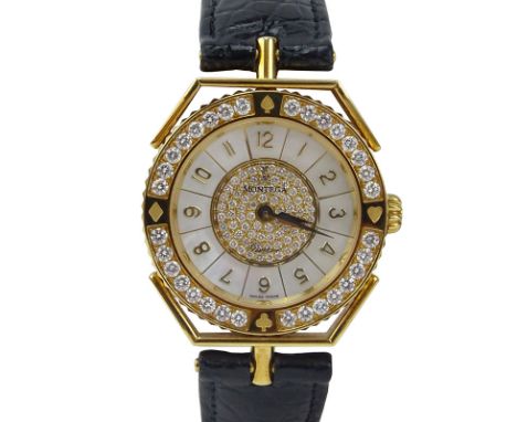 Men's Montega 18 Karat Yellow Gold and Diamond Watch. Signed Montega # EC10-289 circa 1990. Quartz movement, pave set diamond