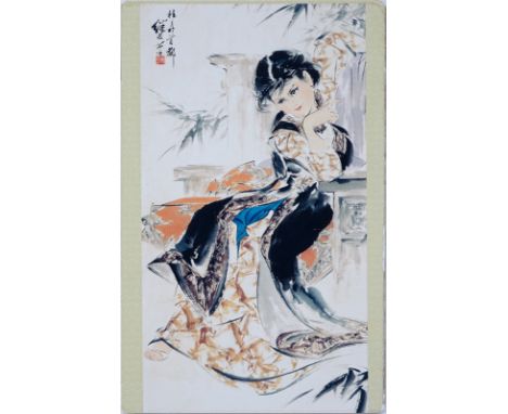 Six (6) Color Cardboard Prints in the Style of Ji Lu. Good condition. Unsigned. Light staining. Measures 11" x 7" each. Shipp