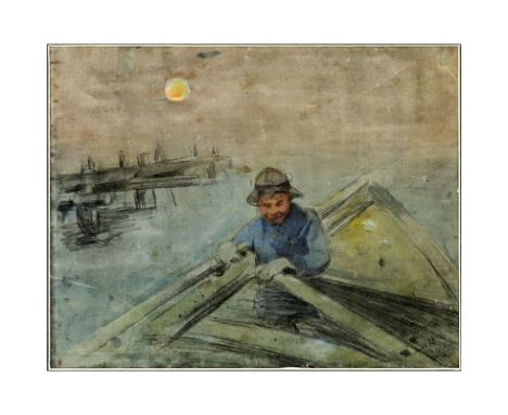 In the style of: Winslow Homer, American (1836-1910) Double sided watercolor and gouache on paper "Fisherman At Night", "Nigh