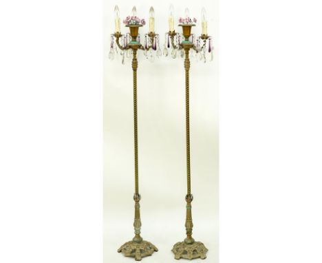 Pair of Vintage Italian Tole And Prism Stick Lamps. Unsigned. Losses to Prisms, oxidation. Measures 61" T x 12" W. Shipping: 