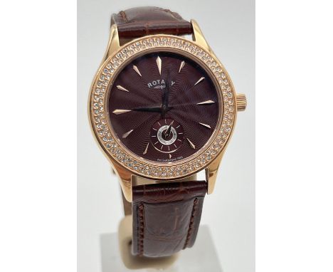 A ladies LS02907/16 wristwatch by Rotary with secondary dial and leather strap. Bronze engine turned face with rose gold hour