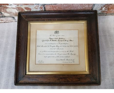 Framed First World War, letter of commendation to Sgt A. Baxter of the 155th Army, Royal field artillery signed by Winston Ch
