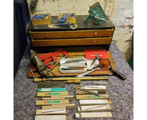 Tools- tool chest with drawers, Record plane no 3, record clamps, Collar brand needle files, other boxed needle files, P&amp;
