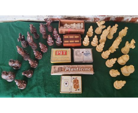 Boxes &amp; objects - a full set of chess playing pieces in the form of Chinese figures; a vintage cribbage board; a boxed do