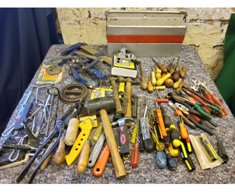 Tools - A Large quantity of tools with metal tool box, hacksaws, clamps, hammer, mallet, Stanley knives, masonry tools, screw