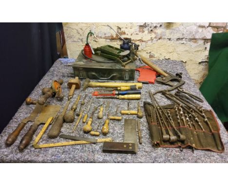 Tools- hand drills including Stanley, zip bits, metal and woodern folding rules, Aerite foot pump and oil cans, screwdrivers 