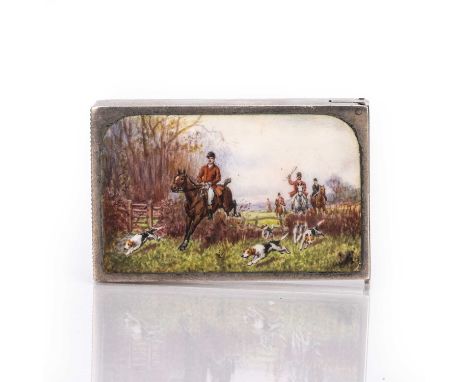 George V silver and enamel vesta casedecorated with an enamel hunting scene, unsigned, bearing marks for John Millward Banks,