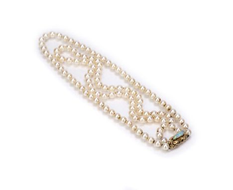 Double strand pearl necklacewith 14k yellow metal clasp set with opal, 41cm overall including clasp, 43g approx overall At pr