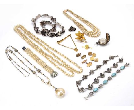 Large collection of costume jewellery including: simulated pearl necklaces, white metal and enamel necklace, yellow metal flo