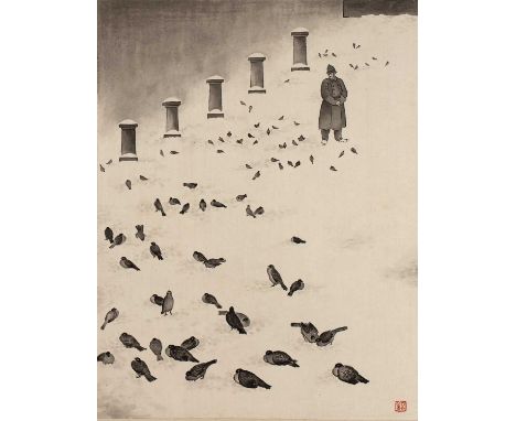 Chiang Yee (Chinese, 1903-1977)Policeman in the snow, ink and wash study, 38cm x 28cmProvenance: From the collection of Henry