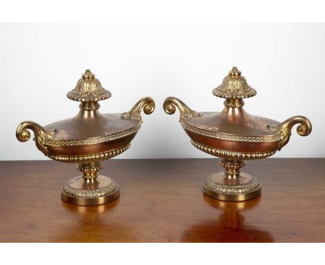 Pair of copper and brass classical style urnslate 19th/early 20th Century, with acanthus leaf and guilloche decoration, later