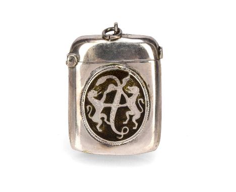 Victorian silver and enamel vesta case of plain rectangular form, with enamel family crest of serpent and two lions, 4cm over