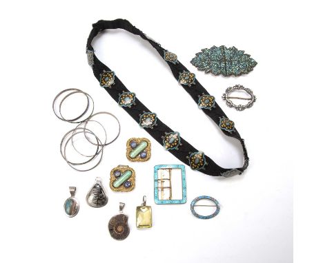 Selection of jewellery comprising of: enamel on white metal bangles, turquoise belt buckle, guillioche enamel buckles, mounte
