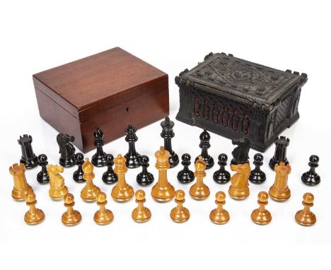 Staunton ebony and weighted boxwood chess setin a mahogany box, king 10cm high, box 21cm wide and a Gothic revival Staunton c