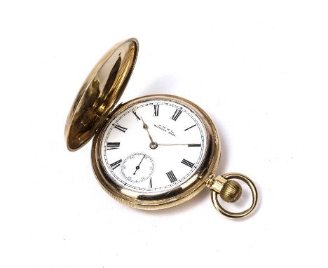 Gold plated hunter pocket watchby A W Waltham, with enamel dial, seconds dial and winding mechanism,In good condition with a 