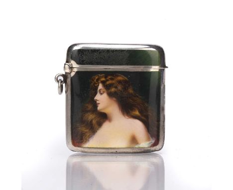 Edward VII silver and enamel vesta case decorated with enamel picture of a lady, bearing import marks for Robert Friederich, 
