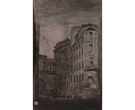 Chiang Yee (Chinese, 1903-1977)'The Regent Bridge at night from Leith Street', ink and wash study, unframed, 39cm x 25cmLiter