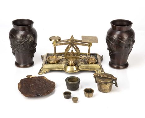 Group of piecesto include a pair of small Japanese bronze vases, 15cm high, a set of brass postal scales, a large wax seal, 1