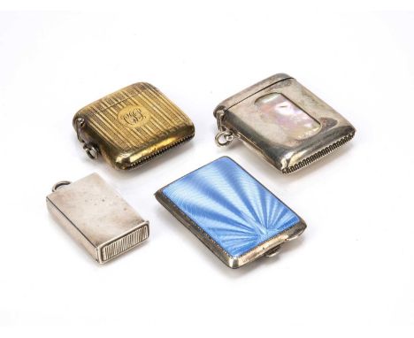 Collection of four vesta cases comprising of: a silver gilt example with engine turned decoration and monogram, bearing marks
