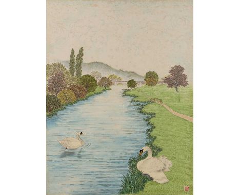 Chiang Yee (Chinese, 1903-1977)Swans on a river, watercolour, 44cm x 24cmProvenance: From the collection of Henry and Violet 