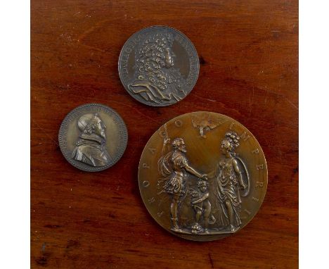 Three bronze medallionsto include a medallion by Guillaume Dupre 'Henri IIII and Maria Augusta' with obverse 'Propago Imperii
