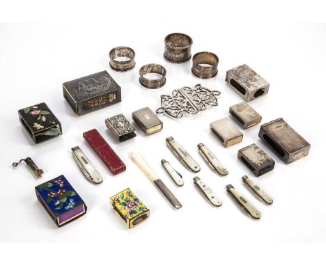 Collection of miscellaneous silver and other items including: silver napkin rings, silver match box holders, silver belt buck