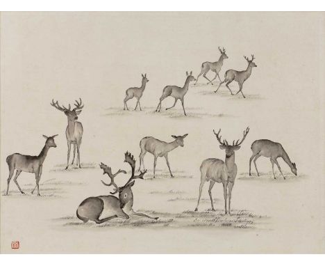 Chiang Yee (Chinese, 1903-1977)Deer, ink and wash study, 32.5cm x 43cmLiterature: Illustrated in Birds and Beasts, Published 