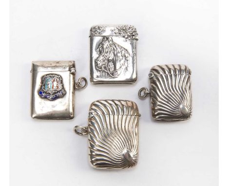 Four silver and white metal vesta casescomprising of: a silver vesta case with enamel crest for 'Dunblane', bearing marks for