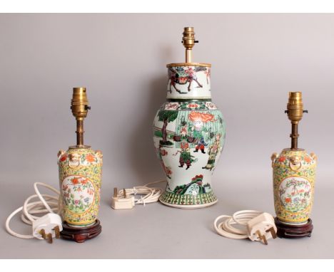 A 19TH CENTURY CHINESE FAMILLE VERTE PORCELAIN LAMP VASE, fitted for electricity, 17.1in high overall, the vase itself 13.3in