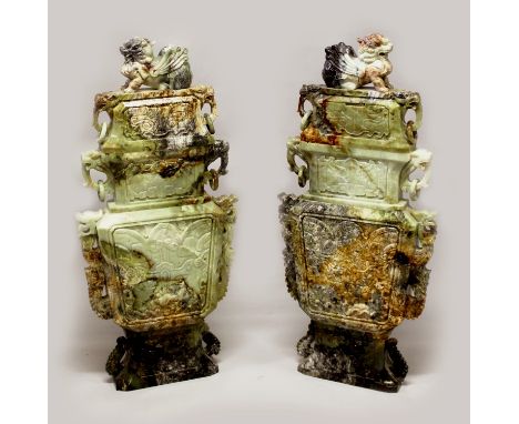 A VERY LARGE & IMPRESSIVE PAIR OF 20TH CENTURY CHINESE JADE VASES & COVERS, of archaic form and design with buddhistic lion-h