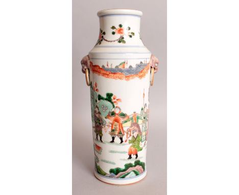 A CHINESE FAMILLE VERTE PORCELAIN VASE, decorated with a continuous figural fenced garden scene, the base with a six-characte