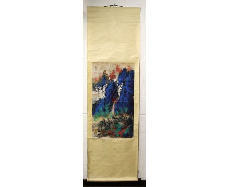 ANOTHER CHINESE PAPER HANGING SCROLL PICTURE, depicting a multicoloured mountainous landscape scene, the picture itself 36.5i