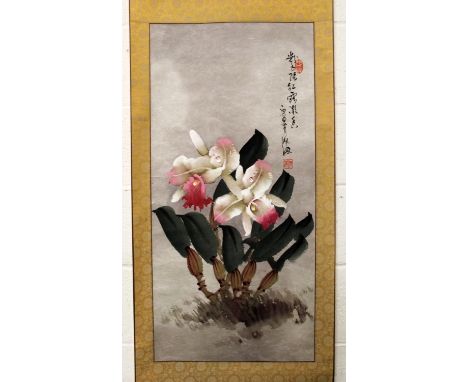 ANOTHER 20TH CENTURY CHINESE HANGING PAINTING ON PAPER, depicting a flowering plant in vivid colouring, with calligraphy and 