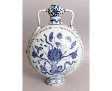 A CHINESE MING STYLE BLUE & WHITE PORCELAIN MOON FLASK, each domed surface decorated with a ribbon tied arrangement of lotus,