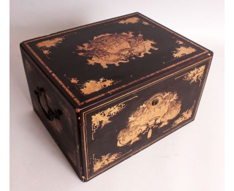 A 19TH CENTURY CHINESE LACQUERED WOOD RECTANGULAR BOX, with a hinged cover, decorated in gilding with scroll, ruyi and censer