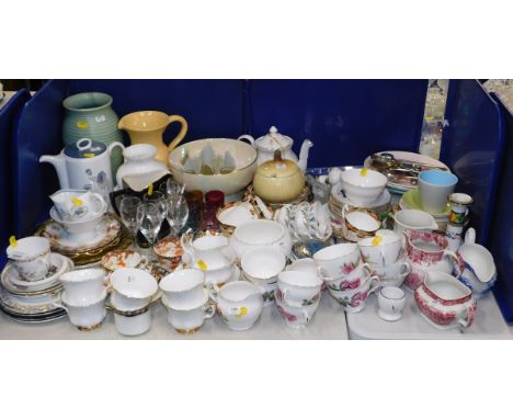 Various ceramics, part tea sets, cabinet plates, handkerchief bowl, Glenfiddich whisky jug, etc. 