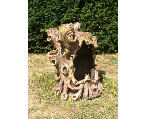 Garden pots/urns: A rare salt glazed fireclay strawberry/fern planter, modelled as a naturalistic moss-covered tree stump, ci