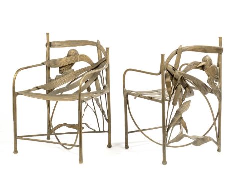Chairs/furniture: ▲ A similar pair of chairs by John Harwood in the style of Claude Lalanne, the backs decorated with kingfis
