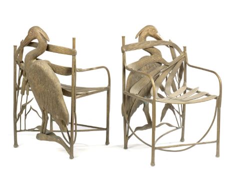 Chairs/furniture: ▲ A similar pair of chairs by John Harwood in the style of Claude Lalanne, the backs decorated with cranes 