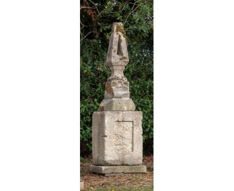 Finials: An unusual carved stone finial on associated base, mid 19th century, 220cm highThe Cotswold Collection.  See lot 1 f