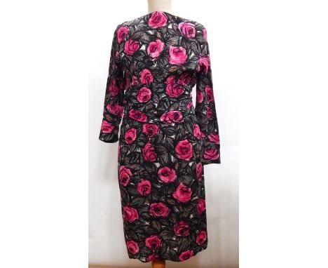 Vintage wool day dress marked 'Frank Usher' with pink roses; an Indian style reversible quilted jacket and a Marks and Spence