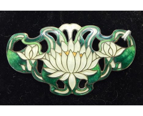 Art Nouveau sterling silver and enamel brooch, water lily to the centre, the enamel green and cream, 7cm diameter Condition R